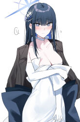 Rule 34 | ..., 1girl, black hair, blue archive, blue eyes, blue hair, blue halo, blush, breasts, choker, cleavage, closed mouth, colored inner hair, earrings, elbow gloves, gloves, halo, highres, jewelry, kinona, large breasts, long hair, multicolored hair, official alternate costume, saori (blue archive), saori (dress) (blue archive), simple background, solo, spoken ellipsis, white background, white choker, white gloves