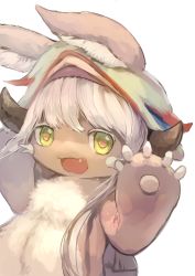 Rule 34 | 1girl, :d, bad id, bad pixiv id, bright pupils, ears through headwear, fang, female focus, furry, furry female, green eyes, hat, horns, long hair, made in abyss, manino (mofuritaionaka), nanachi (made in abyss), open mouth, simple background, smile, solo, topless, topless frame, upper body, white background, white hair