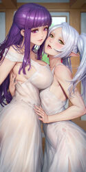 Rule 34 | 2girls, arm around waist, asymmetrical docking, breast press, breasts, cleavage, commentary, dress, elf, english commentary, fern (sousou no frieren), frieren, green eyes, grey hair, hand on another&#039;s stomach, head tilt, highres, large breasts, light blush, long hair, looking at viewer, multiple girls, neoartcore, open mouth, paid reward available, parted lips, pointy ears, purple eyes, purple hair, see-through, see-through dress, sleeveless, sleeveless dress, small breasts, sousou no frieren, strap slip, tongue, tongue out, twintails, white dress