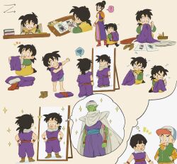 Rule 34 | 1girl, 3boys, :d, ?, ^ ^, arrow (symbol), bandaid, bandaid on face, baseball cap, basket, black footwear, black hair, blue male underwear, blush, book, boots, brown footwear, cape, chi-chi (dragon ball), child, closed eyes, closed mouth, colored skin, commentary request, crayon, dougi, dragon ball, dragonball z, drawing, drawing (object), dress, flying sweatdrops, full-length mirror, furrowed brow, green jacket, green skin, hair bun, hands in pockets, hat, highres, holding, holding crayon, holding scissors, holding sewing needle, j ooey, jacket, kneeling, kuririn, long hair, long sleeves, looking at another, low ponytail, male focus, male underwear, mirror, mother and son, multiple boys, multiple views, namekian, needle, notice lines, open mouth, orange jacket, oversized clothes, pants, paper, piccolo, pincushion, pink pants, pointy ears, ponytail, purple dress, purple pants, red footwear, red sash, red wristband, reflection, sash, scissors, sewing, sewing needle, sewing pin, shoulder pads, simple background, single hair bun, sitting, sleeveless, sleeveless dress, smile, son gohan, sparkle, speech bubble, spoken question mark, spoken squiggle, squiggle, table, thought bubble, turban, underwear, unworn boots, v-shaped eyebrows, white background, white cape, wristband, yellow background, zipper, zipper pull tab
