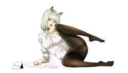 Rule 34 | 1girl, alternate costume, animal ears, arknights, black choker, black pantyhose, black skirt, breasts, cat ears, character name, choker, collared shirt, commentary, covered erect nipples, dress shirt, english commentary, facelord12138, full body, green eyes, highres, kal&#039;tsit (arknights), leg up, light green hair, lips, looking at viewer, lying, medium breasts, miniskirt, namecard, on side, open mouth, panties, panties under pantyhose, pantyhose, pink string, shirt, short hair, simple background, skirt, smile, solo, string, thighband pantyhose, underwear, white background, white shirt