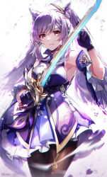 Rule 34 | 1girl, armpits, baisi shaonian, bare shoulders, black gloves, breasts, brown pantyhose, choker, cone hair bun, cowboy shot, detached sleeves, dress, genshin impact, glint, gloves, hair bun, hair ornament, highres, holding, holding sword, holding weapon, keqing (genshin impact), long hair, looking at viewer, medium breasts, pantyhose, purple dress, purple hair, red eyes, simple background, solo, standing, sword, twintails, weapon, white background
