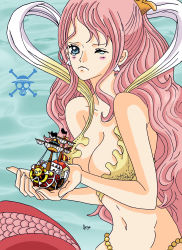 Rule 34 | 1girl, absurdres, bikini, bikini top only, blue eyes, breasts, crying, fishman island, giant, giantess, highres, large breasts, long hair, mermaid, monster girl, one piece, pink hair, shirahoshi, solo, swimsuit, tail, thousand sunny