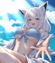 Rule 34 | 1girl, absurdres, ahoge, animal ear fluff, animal ears, bikini, blue bikini, blush, braid, breasts, cloud, cloudy sky, commentary request, day, earrings, fox ears, fox girl, green eyes, hair between eyes, highres, hololive, hood, hoodie, jewelry, light rays, long hair, looking at viewer, medium breasts, ocean, open clothes, open hand, open hoodie, open mouth, outdoors, outstretched arm, rururaroru, shirakami fubuki, shirakami fubuki (hololive summer 2019), sidelocks, single braid, sky, solo, swimsuit, virtual youtuber, white hair, white hoodie