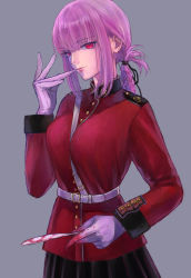 Rule 34 | 1girl, biting, blood, blood on hands, blunt bangs, braid, breasts, fate/grand order, fate (series), florence nightingale (fate), glove biting, gloves, grey background, highres, long hair, looking at viewer, military, military uniform, nipi27, pleated skirt, purple hair, red eyes, scalpel, simple background, skirt, smile, solo, uniform, white gloves