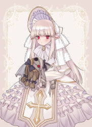 Rule 34 | 1girl, :&lt;, @ @, blush, bonnet, bow, brooch, commentary request, doll, dress, frilled dress, frills, gloves, gold trim, grey hair, highres, holding, holding doll, jewelry, komiya nigi, lolita fashion, long hair, original, pointy ears, red eyes, solo, white bow, white dress, white gloves