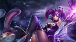Rule 34 | 1girl, absurdres, black thighhighs, blush, breasts, cleavage, closed mouth, cottontail teemo, elbow gloves, elementalist lux, gloves, highres, large breasts, le (huanglongen), league of legends, looking at viewer, lux (league of legends), medium hair, purple eyes, purple gloves, purple hair, smile, teemo, thighhighs, twintails