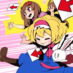 Rule 34 | 2girls, algodoo, alice margatroid, arrow (symbol), blonde hair, blue dress, blush, boots, brown footwear, brown hair, closed eyes, commentary request, cookie (touhou), cross-laced footwear, dress, dual persona, food-themed hair ornament, foot out of frame, frilled hairband, frills, gram 9, hair ornament, hairband, ichigo (cookie), long hair, multiple girls, neckerchief, open mouth, pink neckerchief, pink sash, purple eyes, red hairband, sash, short hair, smile, strawberry hair ornament, stuffed animal, stuffed rabbit, stuffed toy, touhou