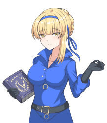 Rule 34 | 1girl, belt, belt buckle, black belt, black gloves, blonde hair, blue dress, blue ribbon, book, braid, breasts, buckle, closed mouth, commentary request, dress, erinnyes, french braid, gloves, hair ribbon, highres, holding, holding book, long sleeves, looking at viewer, medium breasts, merope (p5x), persona, persona 5, persona 5: the phantom x, ribbon, simple background, solo, white background, yellow eyes