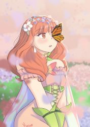 Rule 34 | bare shoulders, breasts, bug, butterfly, celica (fire emblem), earrings, fire emblem, fire emblem echoes: shadows of valentia, fire emblem heroes, highres, insect, jewelry, nintendo, on nose, red eyes, red hair, small breasts