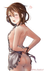 Rule 34 | 1girl, apron, ass, bad id, bad pixiv id, blush, breasts, brown eyes, brown hair, hair between eyes, hair ornament, hairclip, heart, ikazuchi (kancolle), juurouta, kantai collection, medium hair, naked apron, one eye closed, open mouth, shoulder blades, simple background, small breasts, solo, white apron, white background