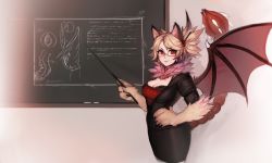 Rule 34 | 1girl, absurdres, animal ears, animal hands, bespectacled, black jacket, black skirt, blonde hair, bra, bra peek, breasts, chalk, chalkboard, claws, cleavage, closed mouth, formal, from side, fur collar, glasses, highres, holding, jacket, large breasts, lion ears, looking at viewer, manticore (monster girl encyclopedia), matilda fiship, monster girl, monster girl encyclopedia, open clothes, open jacket, pantyhose, pencil skirt, pointer, ponytail, prehensile tail, red eyes, red shirt, semi-rimless eyewear, shirt, skirt, skirt suit, smile, solo, spikes, spread wings, standing, suit, tail, teacher, under-rim eyewear, underwear, wings