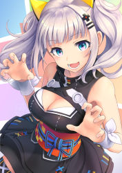 Rule 34 | 1girl, animal ears, bare shoulders, blunt bangs, breasts, cat ears, cleavage, cleavage cutout, clothing cutout, dress, fake animal ears, hair ornament, half-closed eyes, kaguya luna, large breasts, looking at viewer, obi, open mouth, paw pose, sash, silver hair, sleeveless, sleeveless dress, smile, solo, the moon studio, thighhighs, tobade (tbdfactory), twintails, virtual youtuber