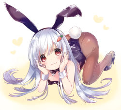 Rule 34 | 1girl, :3, all fours, animal ears, ass, bad id, bad pixiv id, bare shoulders, black bow, black leotard, black pantyhose, blush, bow, bowtie, breasts, buttons, carrot, carrot hair ornament, closed mouth, detached collar, fake animal ears, fingernails, fishnet pantyhose, fishnets, flat chest, food-themed hair ornament, hair ornament, hairband, hairclip, hands on own cheeks, hands on own face, head rest, heart, high heels, konayama kata, leotard, long hair, looking at viewer, nipple slip, nipples, on floor, original, pantyhose, playboy bunny, purple eyes, rabbit ears, rabbit tail, red eyes, shoe dangle, shoes, silver hair, simple background, small breasts, smile, solo, strapless, strapless leotard, tail, white background, wrist cuffs