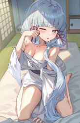 Rule 34 | 1girl, ayaka (genshin impact), bare legs, bare shoulders, barefoot, blue eyes, blue hair, blunt bangs, breasts, chest sarashi, cleavage, collarbone, commentary, futon, genshin impact, hair ribbon, highres, hopepe, indoors, japanese clothes, kimono, large breasts, light blue hair, long hair, looking at viewer, mole, mole under eye, off shoulder, one eye closed, open mouth, ribbon, rubbing eyes, sarashi, sitting, solo, tress ribbon, very long hair, waking up, wariza, white kimono, wide sleeves