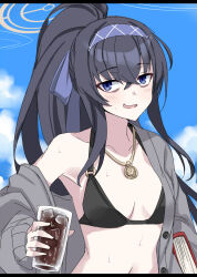 Rule 34 | 1girl, bags under eyes, bikini, black bikini, black hair, blue archive, blue eyes, blue hairband, blue sky, book, breasts, cardigan, cloud, collarbone, cup, day, drinking glass, grey cardigan, hairband, halo, high ponytail, holding, holding book, holding cup, ice, ice cube, jewelry, long hair, looking at viewer, minarai, necklace, official alternate costume, open cardigan, open clothes, open mouth, outdoors, sky, small breasts, smile, solo, stomach, swimsuit, ui (blue archive), ui (swimsuit) (blue archive), upper body, very long hair