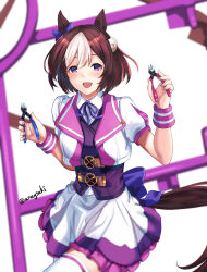 Rule 34 | 1girl, animal ears, aona (anagasaki), bow, brown hair, collared shirt, cowboy shot, cropped jacket, ear bow, highres, holding, holding pliers, horse ears, horse girl, horse tail, looking at viewer, miniskirt, multicolored hair, pleated skirt, purple eyes, shirt, short hair, short sleeves, skirt, smile, solo, special week (umamusume), tail, thighhighs, twitter username, two-tone hair, umamusume, white hair, white thighhighs