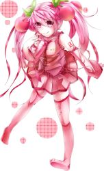 Rule 34 | 1girl, :q, alternate color, alternate hair color, bad id, bad pixiv id, boots, cherry, detached sleeves, food, fruit, hatsune miku, highres, long hair, looking at viewer, mahiron-atori, necktie, pink eyes, pink footwear, pink hair, rukito, sakura miku, skirt, smile, solo, thighhighs, tongue, tongue out, twintails, very long hair, vocaloid, zettai ryouiki