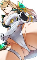 Rule 34 | 1girl, armor, ass, bakkanki, black gloves, blonde hair, breasts, cleavage, cleavage cutout, clothes lift, clothing cutout, dress, dress lift, elbow gloves, from below, frown, gloves, highres, large breasts, lifted by self, long hair, looking at viewer, looking down, mythra (xenoblade), nintendo, panties, short dress, shoulder armor, solo, swept bangs, thigh strap, two-tone gloves, underwear, white background, white dress, white gloves, white panties, xenoblade chronicles (series), xenoblade chronicles 2, yellow eyes