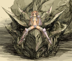 Rule 34 | 1girl, arm support, arms behind back, boots, breasts, cape, cleavage, dragon, igau, knee boots, midriff, orange hair, original, panties, short hair, sitting, sketch, solo, spikes, spread legs, straddling, thighhighs, twintails, underwear, upper body