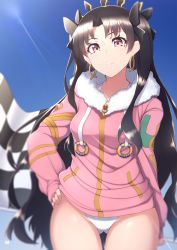 Rule 34 | 1girl, alternate costume, arm at side, black bow, black hair, black ribbon, blue sky, bow, breasts, checkered flag, closed mouth, collarbone, commentary request, cowboy shot, day, earrings, eyelashes, fate/grand order, fate (series), flag, fur collar, fur trim, gluteal fold, groin, hair bow, hair intakes, hair ornament, hair ribbon, hand on own hip, highleg, highleg swimsuit, highres, holding, holding flag, hood, hood down, hooded jacket, hoodie, hoop earrings, ishtar (fate), jacket, jewelry, lens flare, long hair, long sleeves, looking at viewer, mku, one-piece swimsuit, outdoors, parted bangs, pink jacket, race queen, red eyes, ribbon, sky, small breasts, smile, solo, standing, swimsuit, swimsuit under clothes, thigh gap, tiara, tohsaka rin, two side up, very long hair, w, white one-piece swimsuit