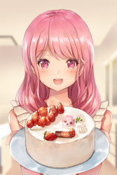 Rule 34 | 1girl, :d, absurdres, apron, bang dream!, bare shoulders, blurry, blurry background, blush, cake, chocolate, commentary request, cream, depth of field, food, fruit, happy birthday, highres, holding, holding plate, indoors, long hair, looking at viewer, maruyama aya, nogi momoko, open mouth, pink eyes, pink hair, plate, round teeth, smile, solo, strawberry, swept bangs, teeth, upper body, upper teeth only, white apron