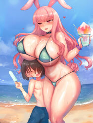 Rule 34 | 1boy, 1girl, age difference, annoyed, beach, bikini, black choker, breast rest, breasts, breasts on head, chocolate, choker, curvy, day, food, green bikini, hair over one eye, half-closed eyes, hand on another&#039;s face, highres, holding, holding food, holding popsicle, huge breasts, ice cream, legs, long hair, micro bikini, naughty face, navel, ocean, onee-shota, original, outdoors, pink eyes, pink hair, popsicle, rabbit ears, rabbit girl, rabbit tail, saruton, shiny skin, size difference, sky, sweat, swimsuit, thick thighs, thighs, wet, wide hips