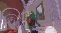 Rule 34 | 1boy, 2girls, around corner, blonde hair, blue eyes, boots, brown footwear, carpet, ceiling, chandelier, child, dress, eyebrows, closed eyes, green headwear, hallway, hat, highres, holding another&#039;s wrist, impa, indoors, link, long sleeves, looking back, multiple girls, nintendo, open mouth, painting (object), pointy ears, princess zelda, profile, shield, short hair, short sleeves, smile, sweatdrop, sword, the legend of zelda, the legend of zelda: ocarina of time, tunic, veil, walking, weapon, weapon on back, window, yamoooon21, young link, young zelda