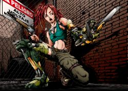 Rule 34 | 160, 1girl, alley, asymmetrical clothes, asymmetrical hair, belt buckle, breasts, buckle, chain-link fence, chainsaw, crop top, cyborg, dual wielding, fence, gun, highres, holding, mechanical arms, mechanical legs, midriff, nail polish, navel, on one knee, open mouth, original, red eyes, red hair, sawed-off shotgun, shotgun, single mechanical arm, single mechanical leg, single pantsleg, small breasts, solo, tank top, twintails, uneven twintails, weapon