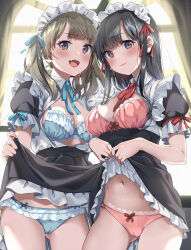 Rule 34 | 2girls, :d, absurdres, aqua bra, aqua panties, black hair, black skirt, blunt bangs, blush, bra, breasts, brown hair, camel, cameltoe, closed mouth, clothes lift, fang, gluteal fold, hair ribbon, highres, indoors, lifting own clothes, long hair, looking at viewer, maid, maid headdress, medium breasts, multiple girls, navel, non-web source, open clothes, open mouth, open shirt, original, panties, purple eyes, red bra, red panties, ribbon, shirt, short sleeves, sidelocks, skirt, skirt lift, smile, standing, twintails, unasaka ryou, underwear, white shirt, window