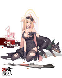 Rule 34 | 1girl, ahoge, alternate costume, aviator sunglasses, blonde hair, blush, breasts, browning automatic rifle, choker, cleavage, covering privates, covering breasts, dobermann, dog, dress, formal, full body, girls&#039; frontline, gloves, green eyes, gun, high heels, highres, jewelry, long hair, low-tied long hair, m1918 (girls&#039; frontline), m1918 (tender nocturne) (girls&#039; frontline), machine gun, necklace, official alternate costume, official art, simple background, suisai., sunglasses, thighhighs, torn clothes, torn dress, torn legwear, very long hair, weapon, white background
