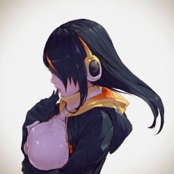 Rule 34 | 10s, 1girl, black hair, black jacket, breast hold, breasts, earmuffs, emperor penguin (kemono friends), eyelashes, finger to mouth, from side, hair over one eye, hand up, highres, hood, hood down, hooded jacket, jacket, kemono friends, large breasts, lips, long hair, md5 mismatch, multicolored hair, nose, open clothes, open jacket, open mouth, orange hair, profile, realistic, resolution mismatch, solo, source smaller, straight hair, streaked hair, takami masahiro, turtleneck, two-tone hair, upper body