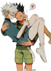 Rule 34 | 2boys, absurdres, animal ears, bare legs, bishounen, blue shirt, blush, carrying, carrying person, cat ears, closed eyes, commentary, english commentary, extra ears, face-to-face, full-face blush, gon freecss, green shorts, heart, highres, hunter x hunter, iwakki, jacket, killua zoldyck, lifting person, male focus, multiple boys, open mouth, picking up, shirt, shorts, simple background, socks, speech bubble, spoken heart, tail, white background, white hair, white socks, yaoi