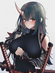 Rule 34 | 1girl, absurdres, arknights, artist name, black shirt, blush, braid, breasts, covered navel, crown braid, hair between eyes, highres, horns, hoshiguma (arknights), hoshiguma (ronin huntress) (arknights), l eri, large breasts, long hair, long sleeves, looking at viewer, official art, shirt, simple background, single horn, skin-covered horns, sword, upper body, weapon, white background, yellow eyes