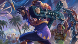 Rule 34 | 2boys, battle, beard, black hair, bow (weapon), brown eyes, character request, dark-skinned male, dark skin, dreadlocks, dual wielding, earrings, egyptian, elaim, facial hair, feet out of frame, from below, hair tattoo, highres, holding, holding bow (weapon), holding weapon, jewelry, k&#039;sante (league of legends), league of legends, male focus, mature male, multiple boys, muscular, muscular male, palm tree, pants, pharaoh, short hair, thick eyebrows, tree, turning around, turning head, very dark skin, weapon