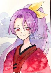 Rule 34 | 1girl, 2zuz4hru, artist name, commentary request, grin, hair tie, japanese clothes, kimono, komakusa sannyo, long hair, painting (medium), ponytail, portrait, purple hair, red eyes, red kimono, simple background, smile, solo, touhou, traditional media, watercolor (medium), white background