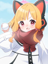 Rule 34 | 1girl, absurdres, animal ear headphones, animal ears, blonde hair, blue archive, blush, bow, coat, fake animal ears, hair bow, halo, headphones, highres, holding, holding snowball, long sleeves, looking at viewer, momoi (blue archive), open mouth, petako (ptpt k), pink halo, red bow, red eyes, red scarf, scarf, short hair, snowball, solo, upper body, white coat