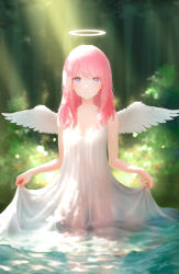 1girl absurdres angel angel_wings bare_arms bare_shoulders blurry blurry_background breasts cleavage commentary_request dappled_sunlight day depth_of_field dress feathered_wings halo highres jizell long_hair looking_at_viewer md5_mismatch medium_breasts original outdoors parted_lips pink_hair pond purple_eyes resolution_mismatch see-through_clothes sleeveless sleeveless_dress source_smaller sunlight water wet wet_clothes wet_dress white_dress white_wings wings