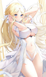 Rule 34 | 1girl, absurdres, arlene (ju), arms up, azur lane, bare arms, blonde hair, blue eyes, breasts, brest (azur lane), cowboy shot, dress, elf, floating hair, groin, hair ribbon, highres, large breasts, long hair, looking at viewer, navel, parted bangs, pointy ears, revealing clothes, ribbon, solo, stomach, thighs, underboob, white dress, white ribbon