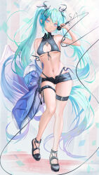 Rule 34 | 1girl, absurdly long hair, aqua hair, arm up, armpits, bare arms, bare legs, bare shoulders, black shirt, black shorts, blue eyes, blue jacket, breasts, crop top, front-tie top, hair ribbon, hatsune miku, highleg, highres, holding, holding microphone, jacket, kayjae, long hair, looking at viewer, micro shorts, microphone, midriff, navel, off shoulder, open fly, ribbon, sandals, shirt, shorts, skindentation, sleeveless, sleeveless shirt, small breasts, solo, stomach, thigh strap, thighs, twintails, very long hair, vocaloid