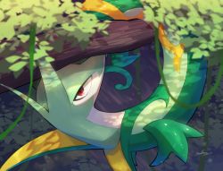 Rule 34 | blurry, blurry foreground, commentary request, creatures (company), from above, game freak, gen 5 pokemon, highres, looking at viewer, looking back, nintendo, no humans, nullma, plant, pokemon, pokemon (creature), red eyes, serperior, signature, solo, vines