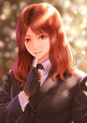 Rule 34 | 1girl, brown eyes, brown hair, cissnei, closed mouth, crisis core final fantasy vii, final fantasy, final fantasy vii, fingerless gloves, formal, gloves, itoguchi (manma melon), long hair, looking at viewer, necktie, smile, solo, square enix, suit, turks (ff7)