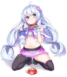 Rule 34 | 1girl, 2drr, ahoge, asymmetrical legwear, asymmetrical sleeves, bare shoulders, black pantyhose, blue eyes, blush, bow, bowl, chain, collar, commentary request, crop top, detached sleeves, flower, frills, full body, gloves, gluteal fold, hair between eyes, hair flower, hair ornament, hands up, head tilt, highres, holding, holding chain, kneeling, long hair, long sleeves, looking at viewer, low twintails, midriff, miniskirt, navel, no shoes, nose blush, pantyhose, pet bowl, puffy short sleeves, puffy sleeves, purple bow, purple flower, purple skirt, red collar, shadow, short sleeves, silver hair, single glove, single leg pantyhose, single thighhigh, skirt, solo, soulworker, stella unibell, tears, thighhighs, twintails, uneven legwear, uneven sleeves, very long hair, white background, white gloves