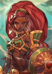 Rule 34 | 1girl, abs, armlet, armor, bare shoulders, blue lips, breastplate, breasts, choker, circlet, closed mouth, collarbone, curvy, dark skin, dark-skinned female, earrings, gerudo, gold, gold choker, green eyes, holding, holding shield, hungry clicker, jewelry, large breasts, long hair, navel, nintendo, red hair, shield, simple background, skirt, smile, solo, standing, the legend of zelda, the legend of zelda: breath of the wild, urbosa