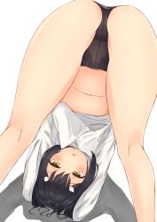 Rule 34 | 1girl, ass, ass focus, black hair, black panties, blouse, brown eyes, commentary request, fate/grand order, fate/kaleid liner prisma illya, fate (series), hair ornament, hairclip, highres, looking at viewer, looking through own legs, miyu edelfelt, navel, no pants, panties, shirt, simple background, siroimo0828, solo, underwear, white background, white shirt