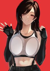 Rule 34 | 1girl, bare shoulders, black gloves, black skirt, blush, breasts, brown hair, collarbone, crop top, earrings, elbow gloves, final fantasy, final fantasy vii, final fantasy vii remake, fingerless gloves, gloves, grin, highres, jewelry, large breasts, long hair, looking at viewer, midriff, navel, red background, red eyes, skirt, smile, solo, square enix, suspender skirt, suspenders, tank top, tifa lockhart, tomoyuki hino, white tank top
