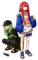 Rule 34 | 2girls, black hat, black jacket, blowing bubbles, blue footwear, can, chewing gum, drink, earrings, energy drink, green hair, green nails, hair over one eye, hand in pocket, hat, holding, holding drink, hood, hoodie, jacket, jewelry, logo, long hair, monster energy, multiple girls, nail polish, personification, red bull, red hair, shoes, shorts, sneakers, squatting, standing, stud earrings, tabao