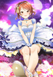 Rule 34 | 1girl, :d, between legs, blush, brown eyes, brown hair, commentary request, detached collar, dress, earrings, flower, hair flower, hair ornament, hair up, hand between legs, highres, hojo karen, idolmaster, idolmaster cinderella girls, idolmaster cinderella girls starlight stage, jewelry, looking at viewer, mk (mod0), open mouth, sandals, short hair, sitting, smile, solo, white dress, white footwear