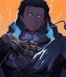 Rule 34 | 1boy, black hair, blue eyes, blue hair, commentary request, electricity, fate/grand order, fate (series), gloves, glowing, glowing eyes, gradient hair, hands on own chest, highres, lightning, long hair, long sleeves, looking at viewer, male focus, mechanical arms, multicolored hair, nikola tesla (fate), orange background, simple background, single mechanical arm, smile, solo, sosaka, teeth, upper body, white gloves