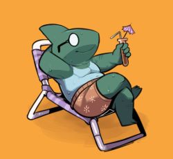 Rule 34 | beach chair, cocktail umbrella, crossed legs, drinking straw, glasses, lying, mangneto, no humans, shark, shorts, simple background, skullgirls, smile, solo, stanley whitefin, sweat, tan, tanline, test tube, topless male